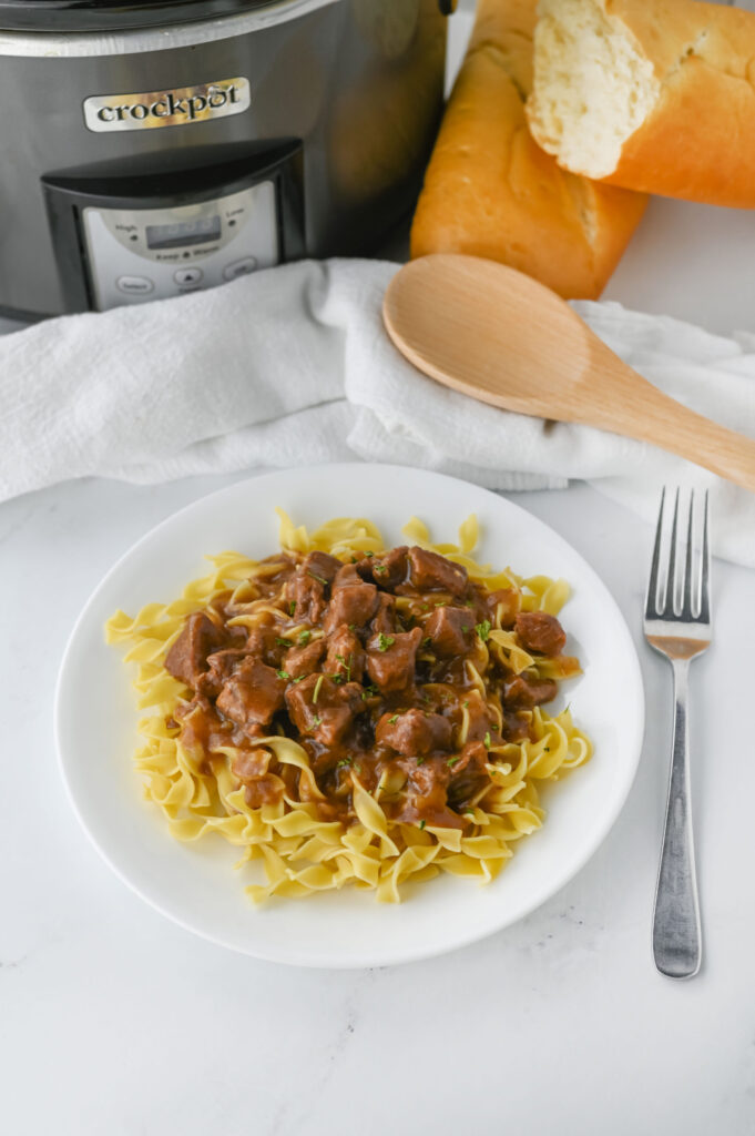 a hearty beef gravy with tips over noodles.