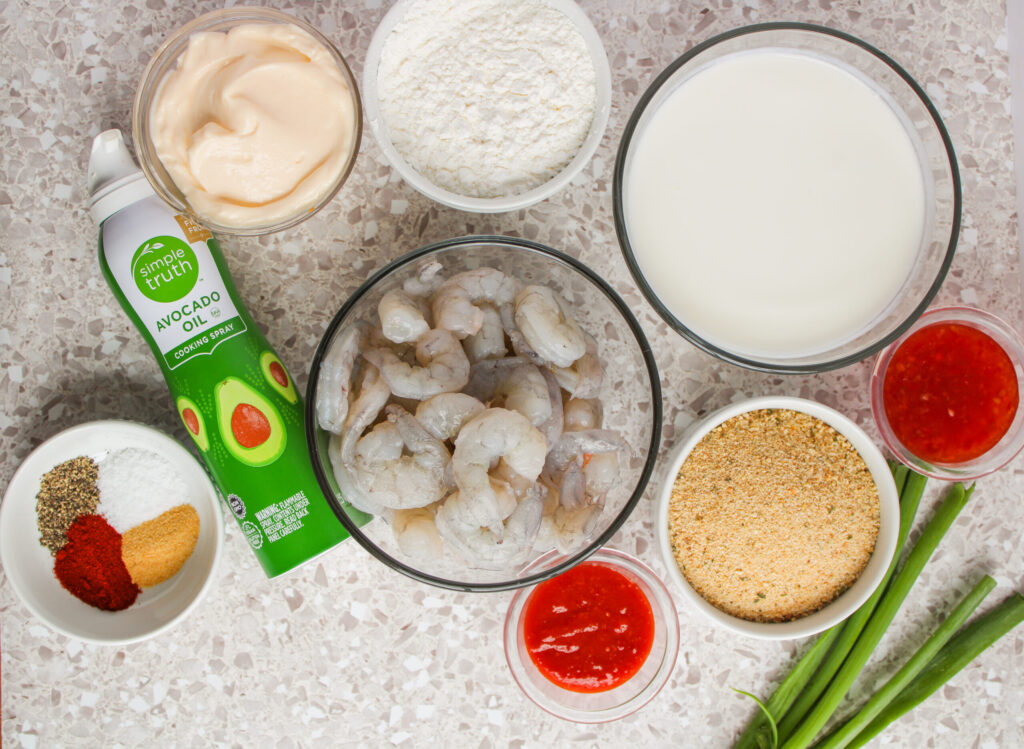 all the ingredients needed to make bang bang shrimp.