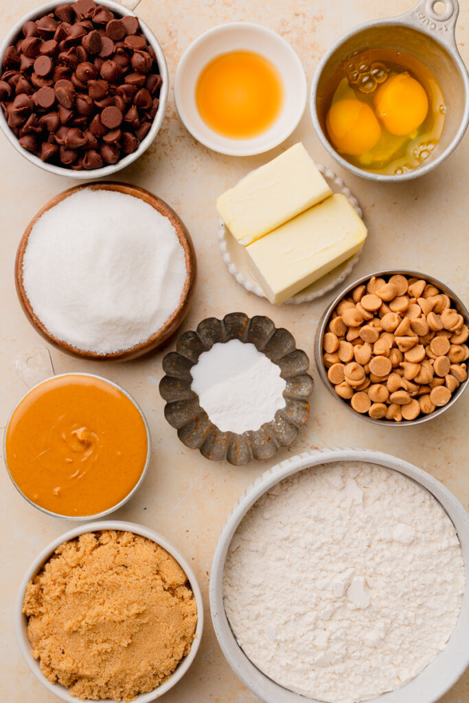 all the ingredients needed to make Peanut Butter Chocolate Chip Cookie Bars.