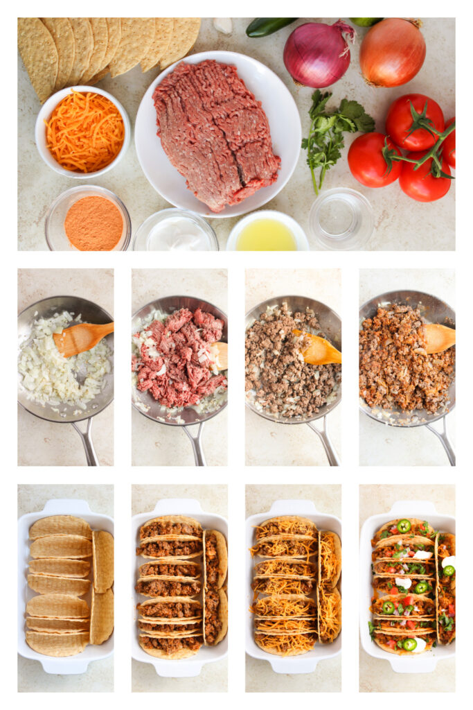 step by step on how to make Mexican tortillas filled with taco meat and toppings.
