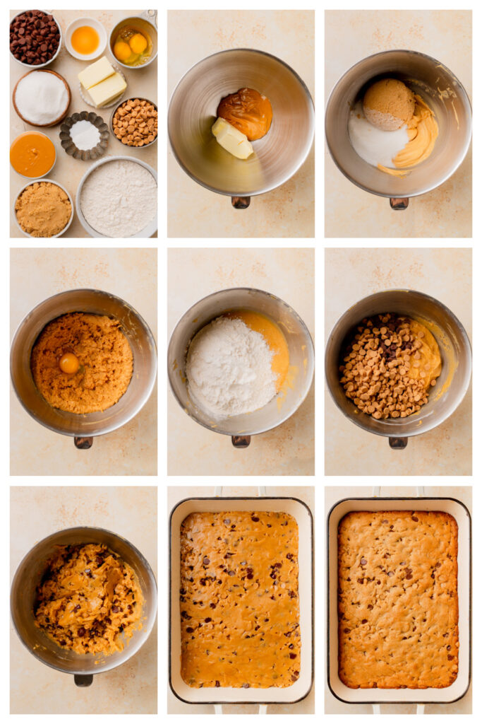 step by step on how to make Peanut Butter Chocolate Chip Cookie Bars.