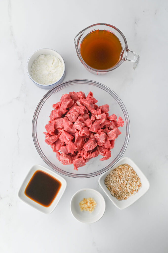 all the ingredients needed to make crock pot beef tips.