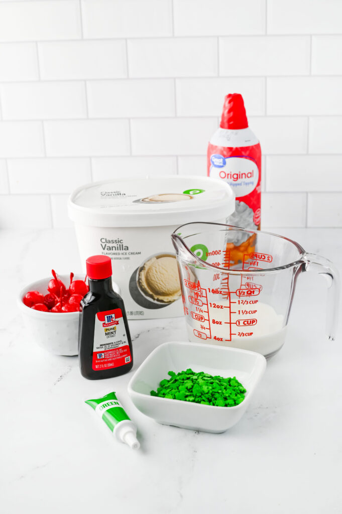 all the ingredients needed to make a shamrock shake recipe.