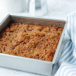 a baked Bisquick Coffee Cake in a metal pan.