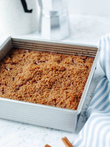 a baked Bisquick Coffee Cake in a metal pan.