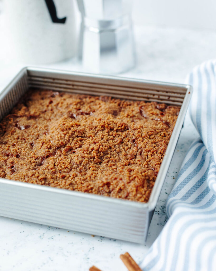 a baked Bisquick Coffee Cake in a metal pan.