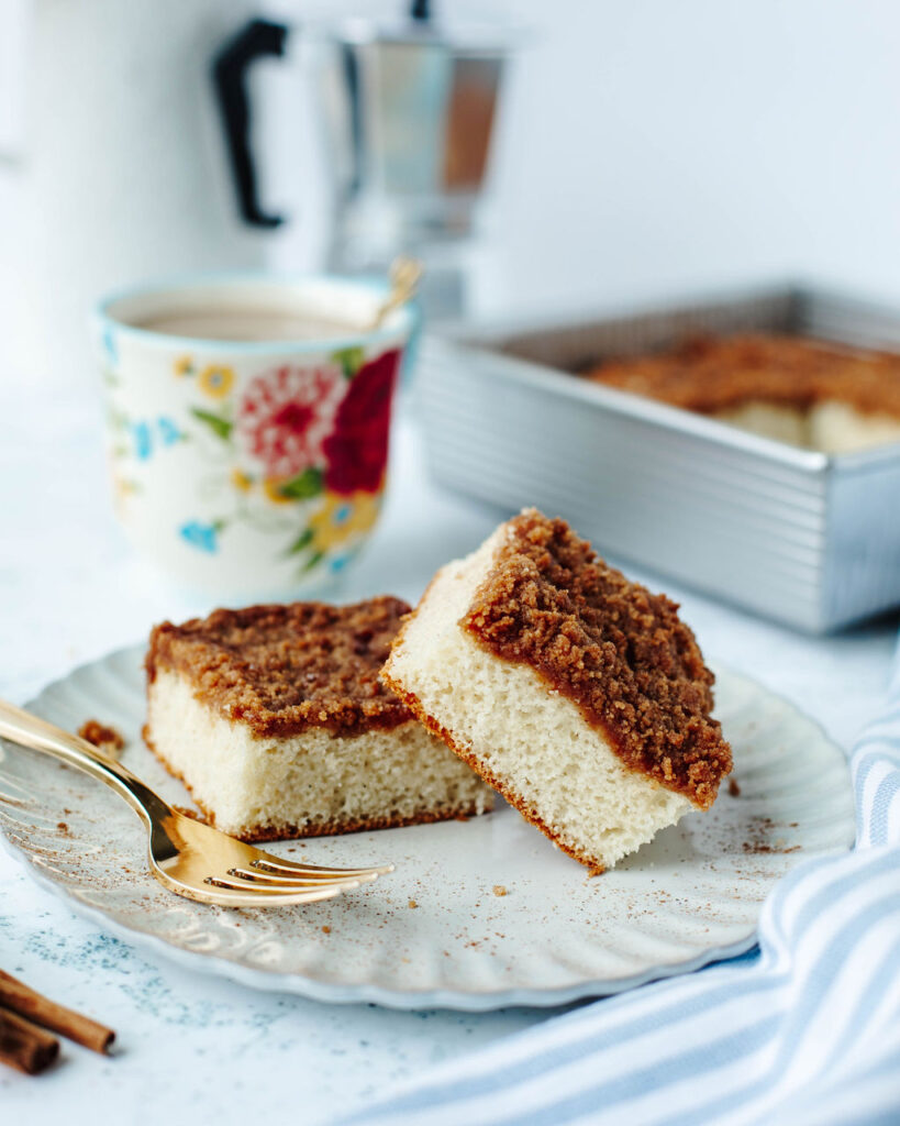 a shortcut breakfast cake served on a white plate.