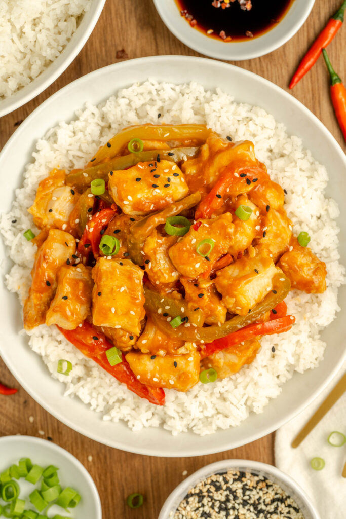 Angry Chicken in a bowl with white rice.