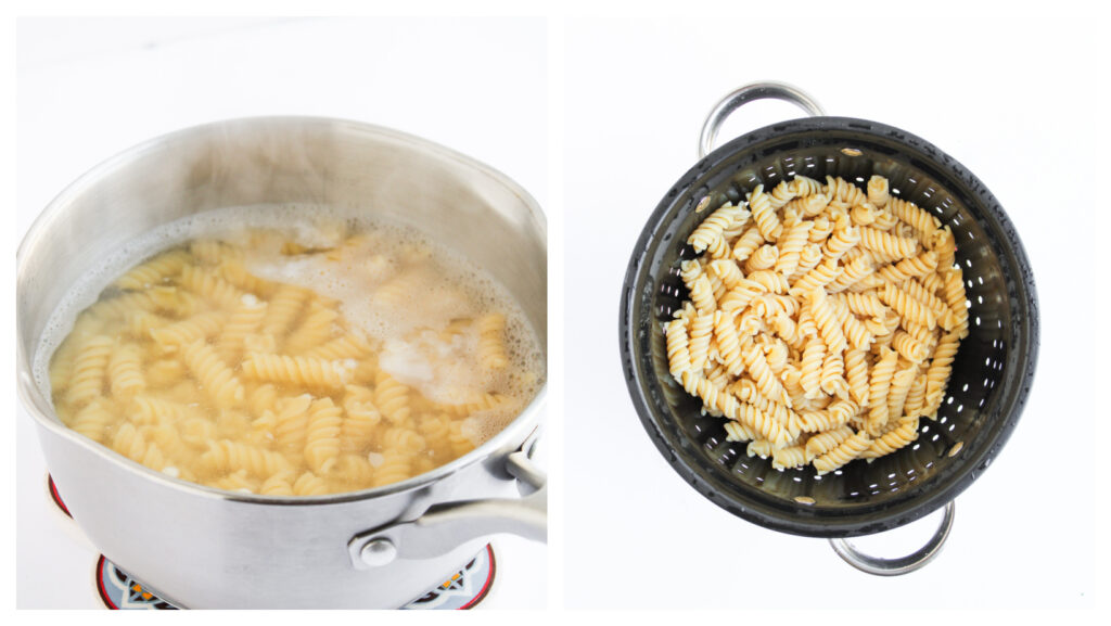 a pot of boiling pasta and a pot of drained, cooked pasta.