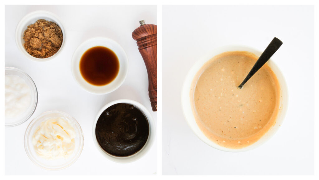 all the ingredients needed to make BBQ dressing in a bowl whisked together.