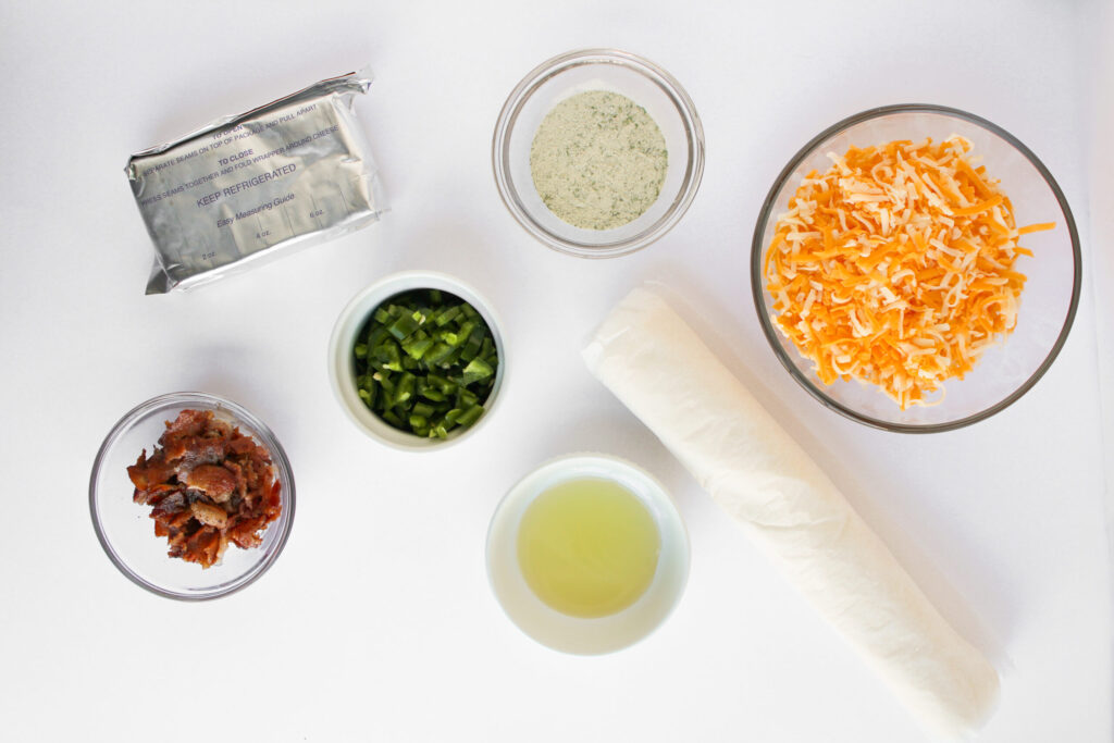 all the ingredients needed to make Jalapeno Popper Pinwheels.