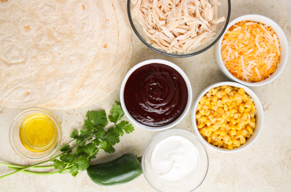 all the ingredients needed to make BBQ Chicken Quesadillas.