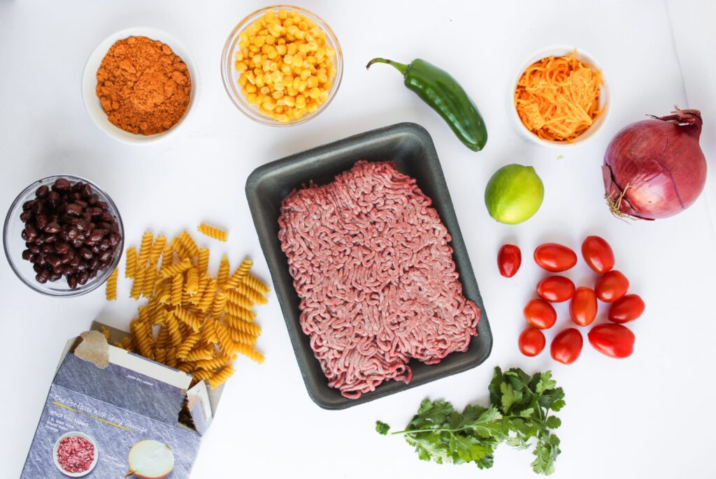 all the ingredients needed to make Taco Pasta Salad.