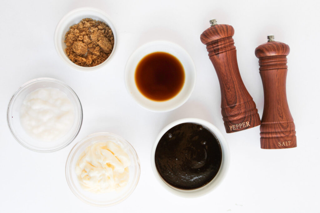 the ingredients needed to make homemade BBQ dressing for Taco Pasta Salad.