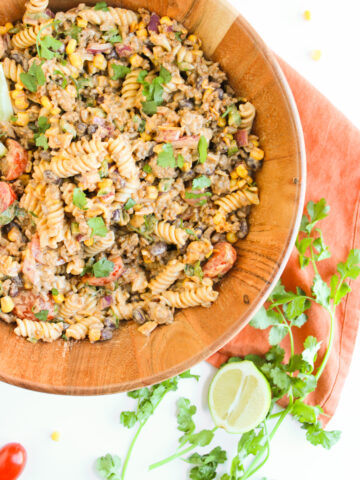 Taco Pasta Salad in a wood serving bowl.