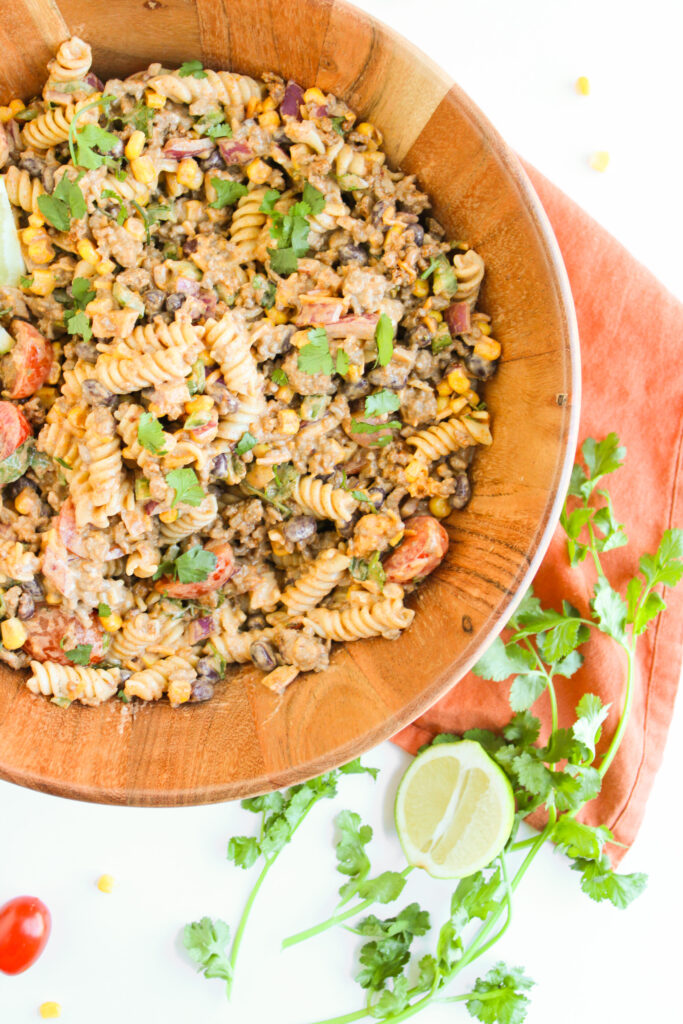 Taco Pasta Salad in a wood serving bowl.