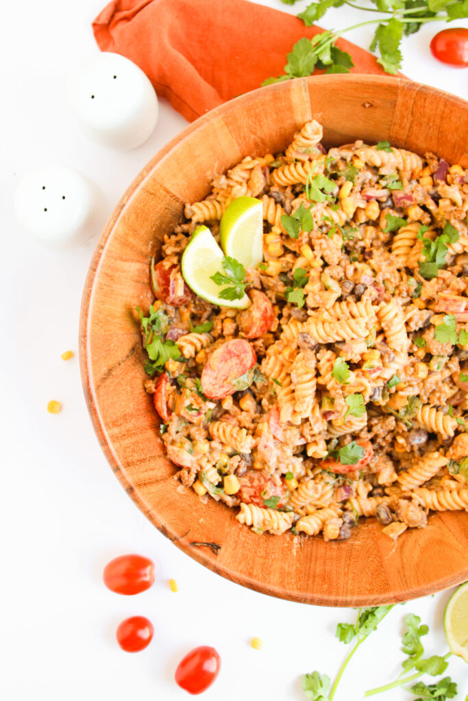a Tex Mex inspired pasta recipe with veggies, protein, and more.