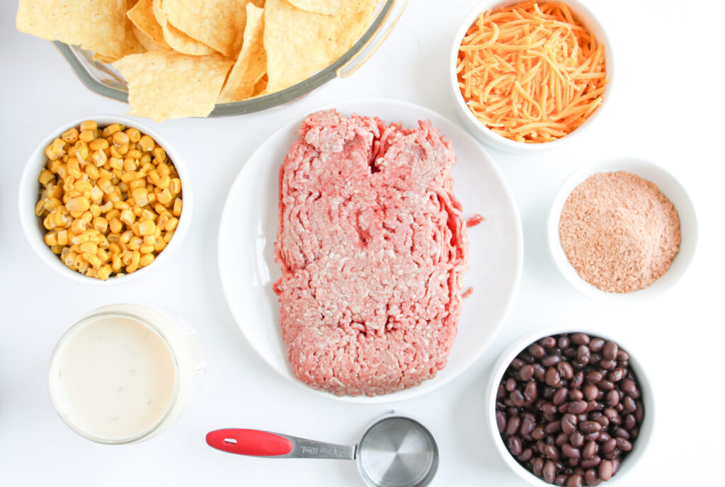 all the ingredients needed to make Ground Beef Nachos.