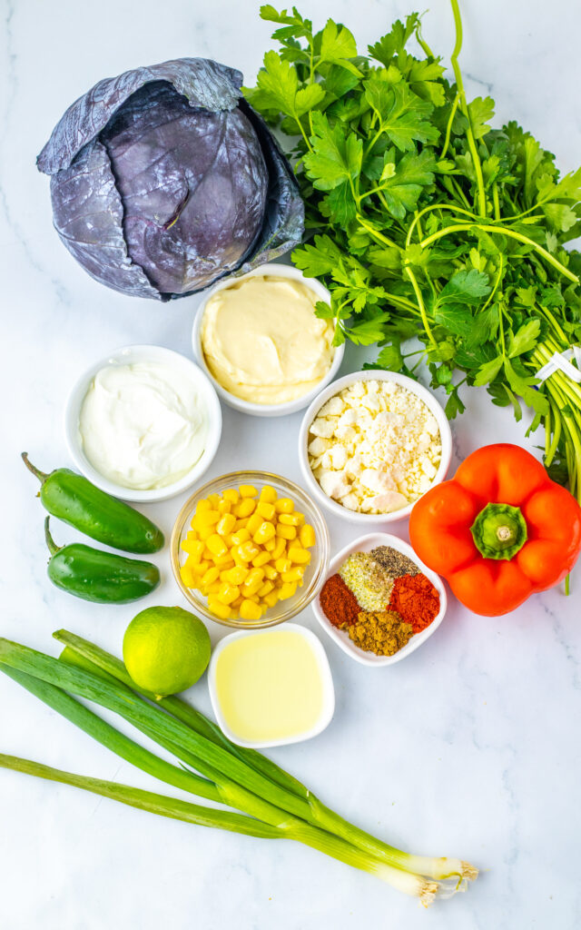 all the ingredients needed to make Mexican Street Corn Coleslaw.