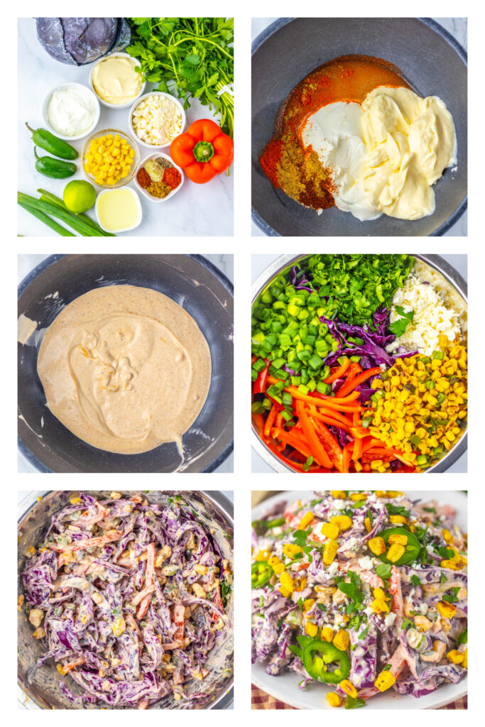 step by step on how to make Mexican Street Corn Coleslaw.