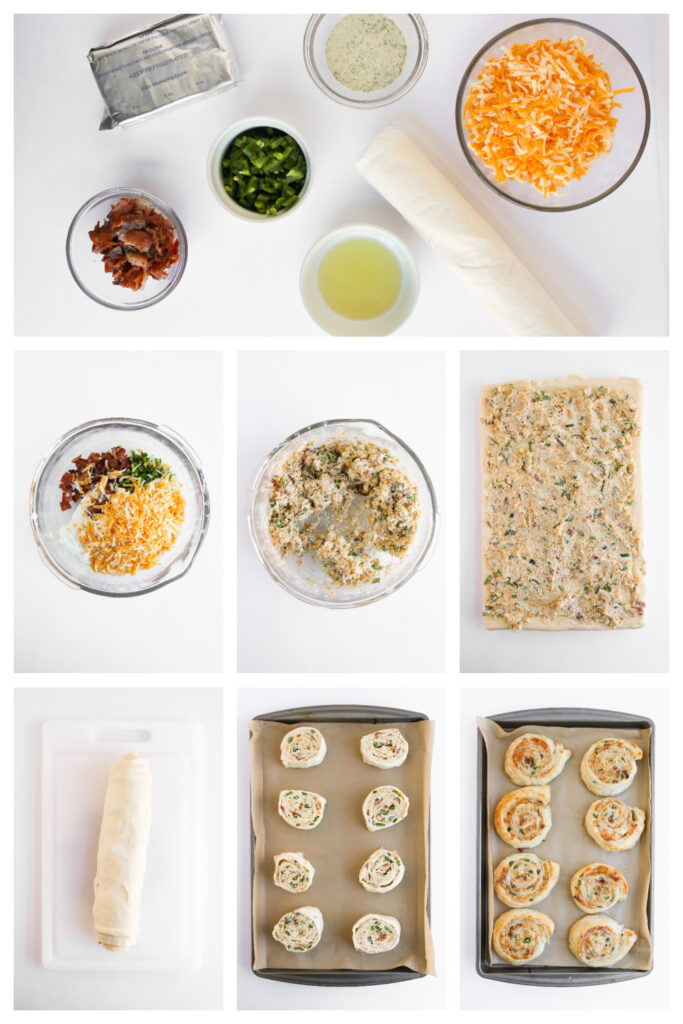 step by step on how to make Jalapeno Popper Pinwheels.