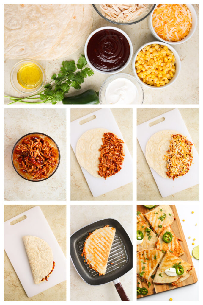 step by step on how to make BBQ Chicken Quesadillas.