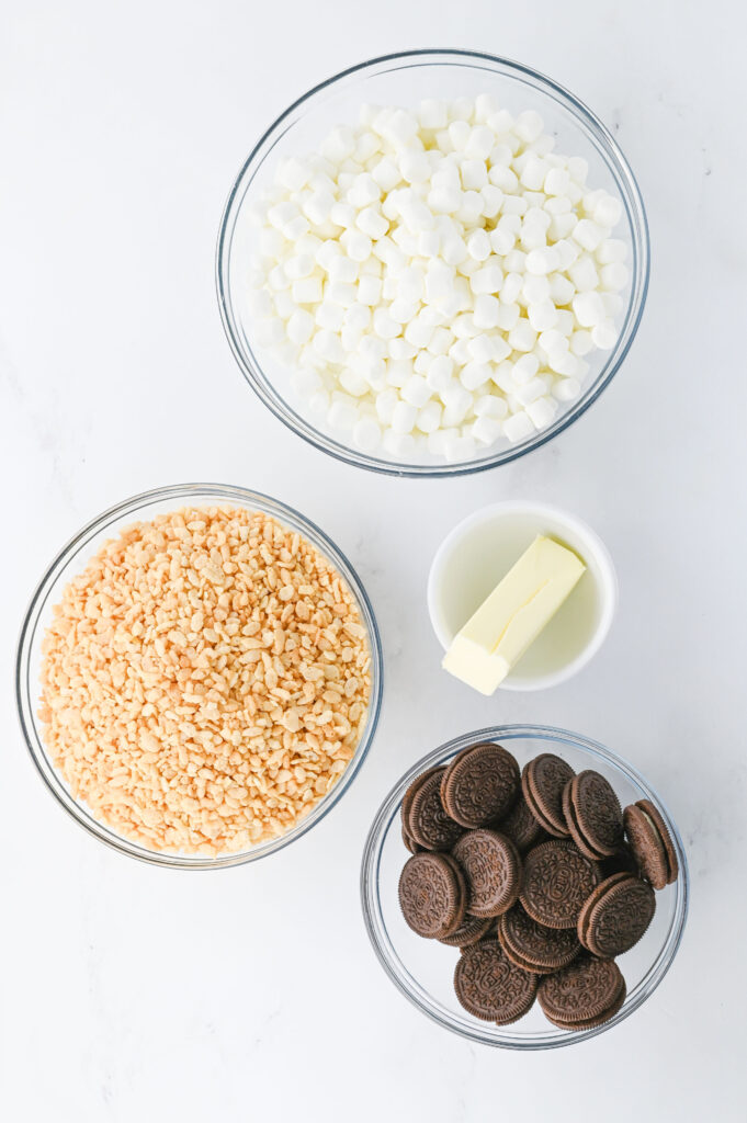 all the ingredients needed to make Oreo Rice Krispie Treats.