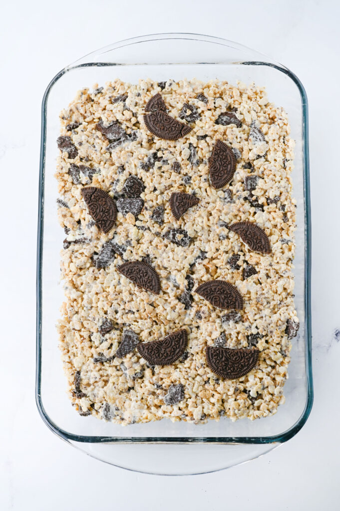 a 9x13 baking pan with cereal bars ready to cut.