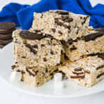 a stack of Oreo Rice Krispie Treats on a white plate.