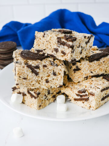 a stack of Oreo Rice Krispie Treats on a white plate.