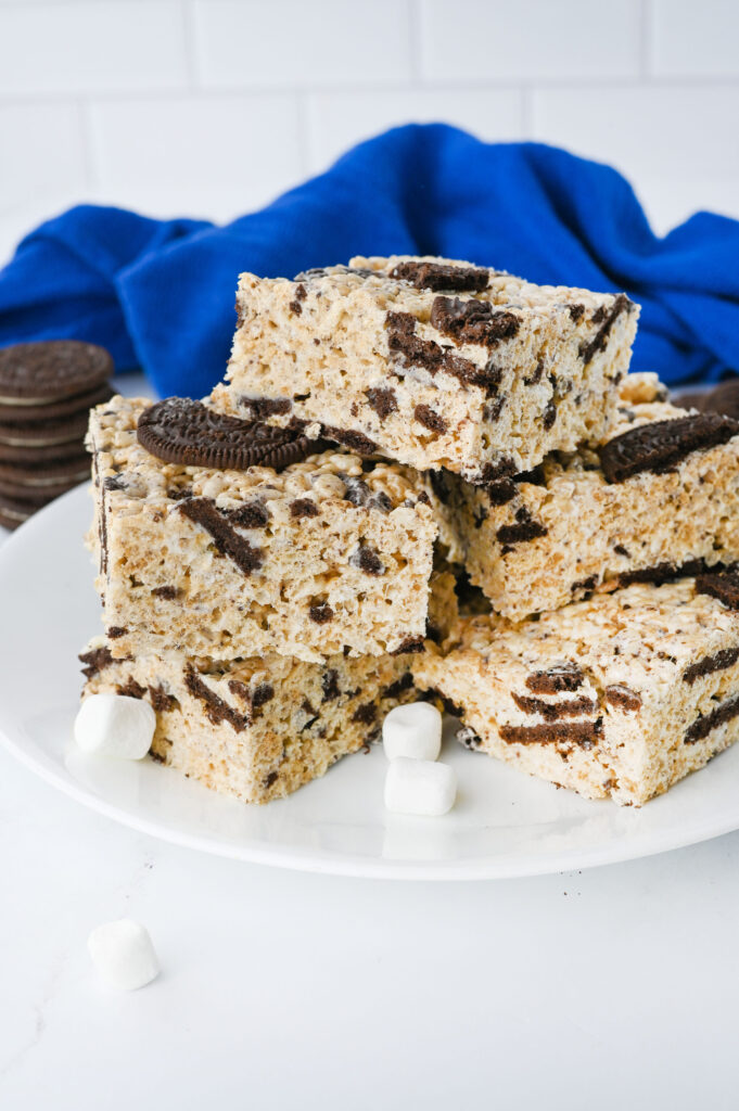 a stack of Oreo Rice Krispie Treats on a white plate.