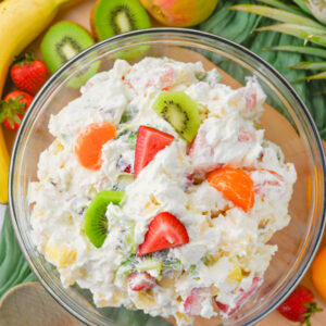 Hawaiian Cheesecake Salad in a glass bowl.