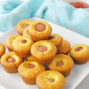 sliced hot dogs in cornbread batter and baked.