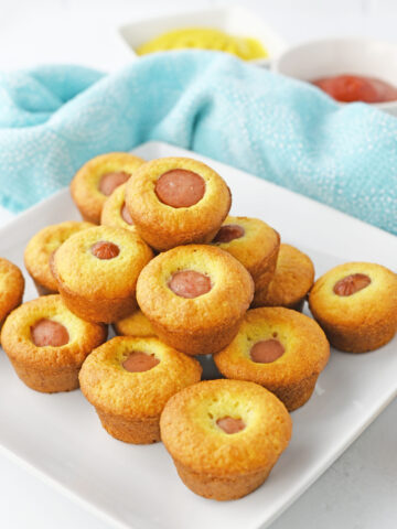 sliced hot dogs in cornbread batter and baked.