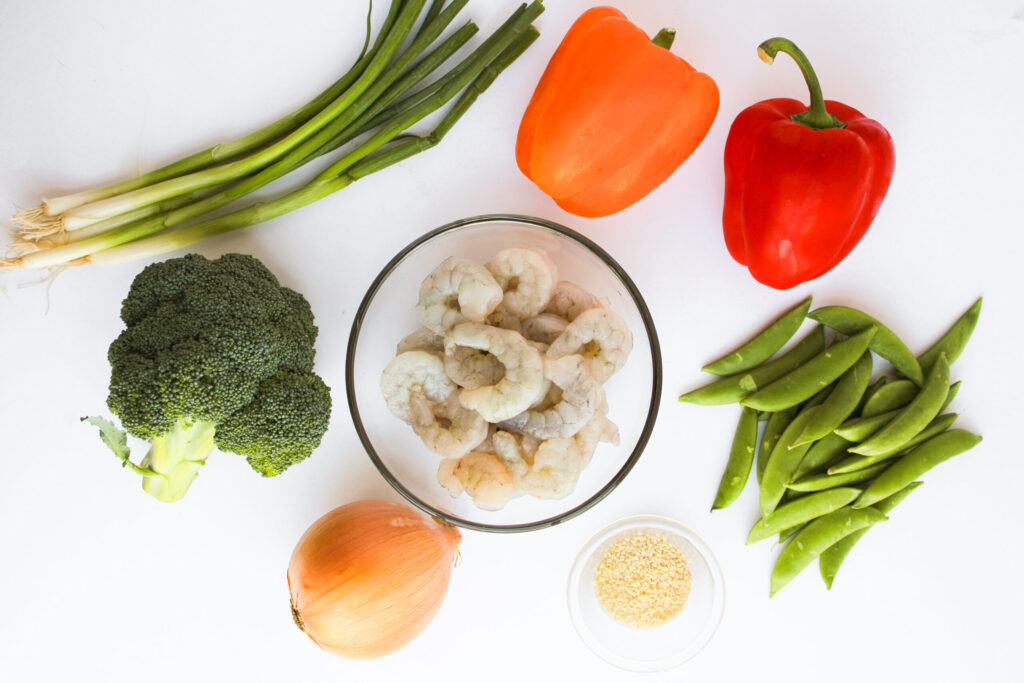 all the ingredients needed to make Shrimp and Vegetable Stir Fry.