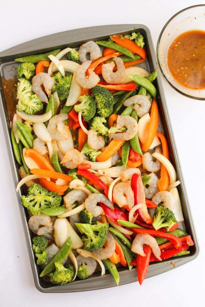 Shrimp and Vegetable Stir Fry ready to cook in the oven.