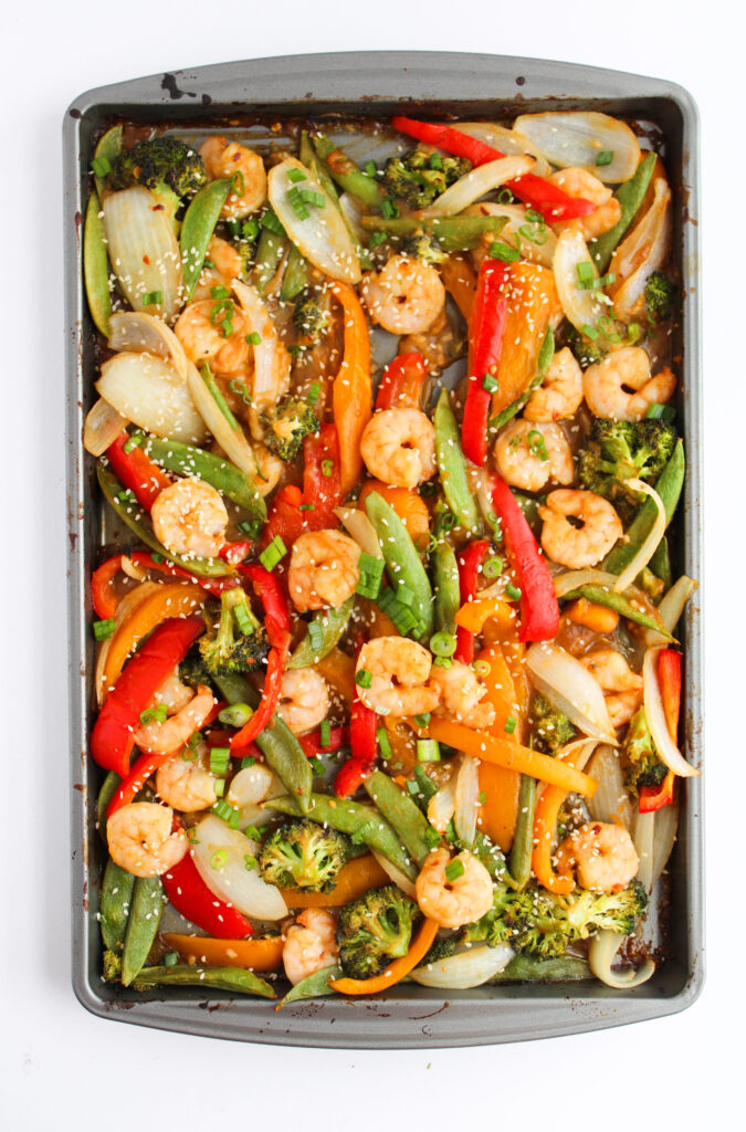 Shrimp and Vegetable Stir Fry baked on a sheet pan.