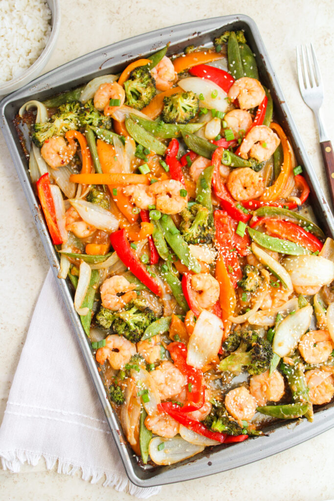 a healthy seafood one pan diner ready to serve.
