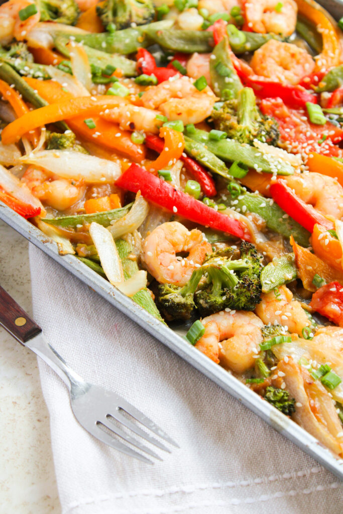 a shrimp and vegetable sheet pan dinner ready to serve.