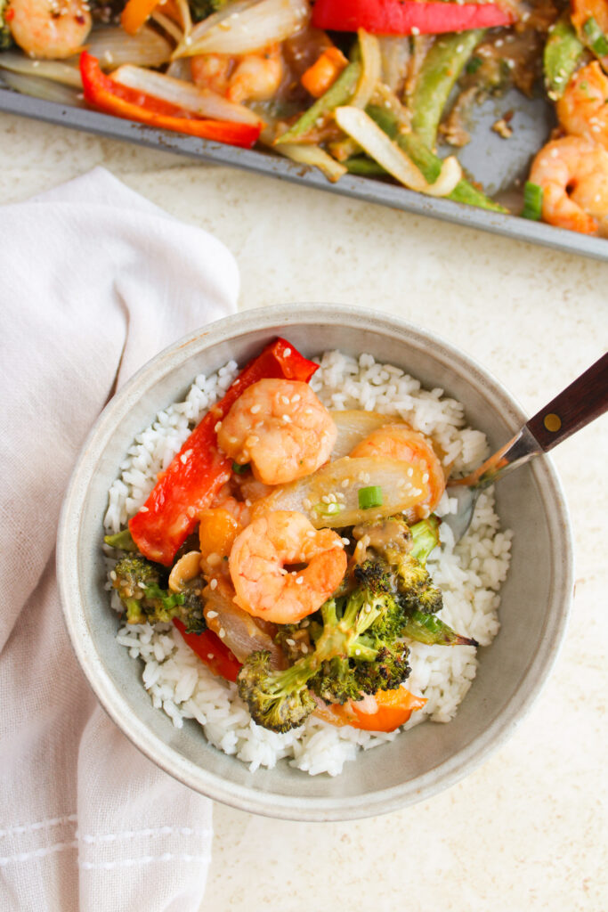 a one pan meal using healthy ingredients and served in a white bowl.