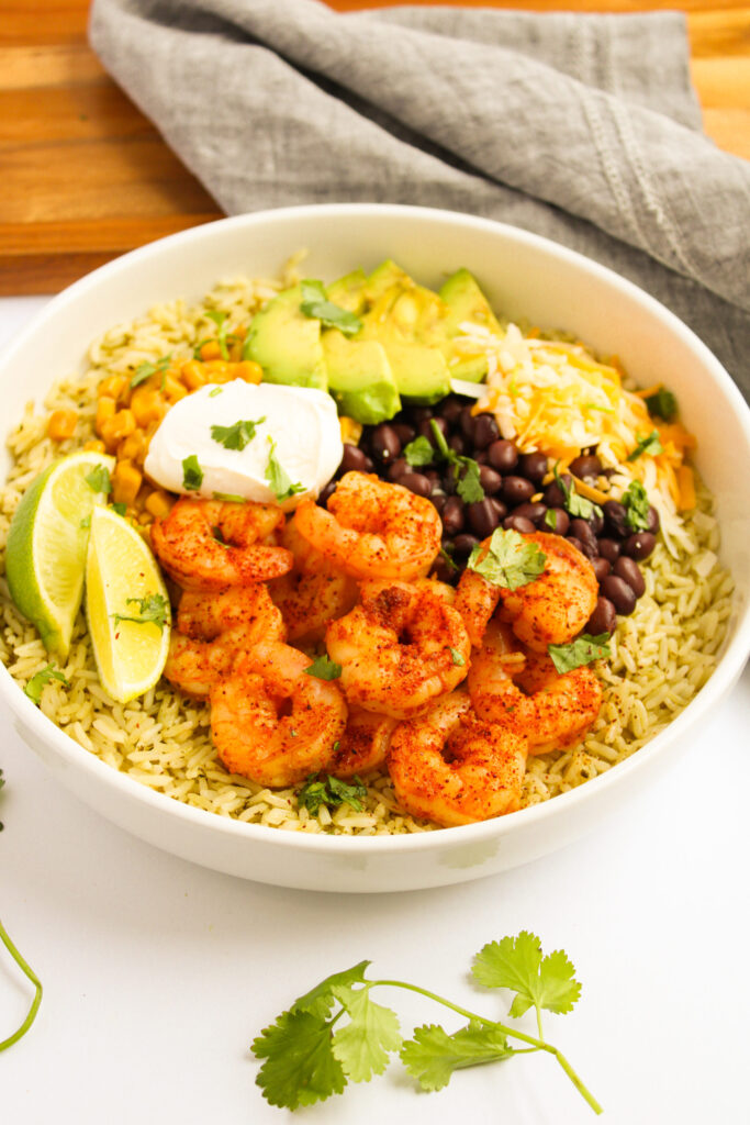 an assembled Shrimp Burrito Bowls ready to serve.