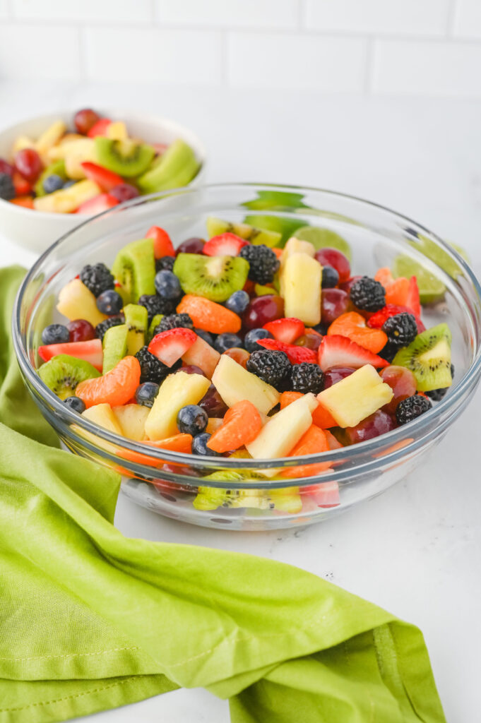 Fruit Salad in a glass mixing bowl.