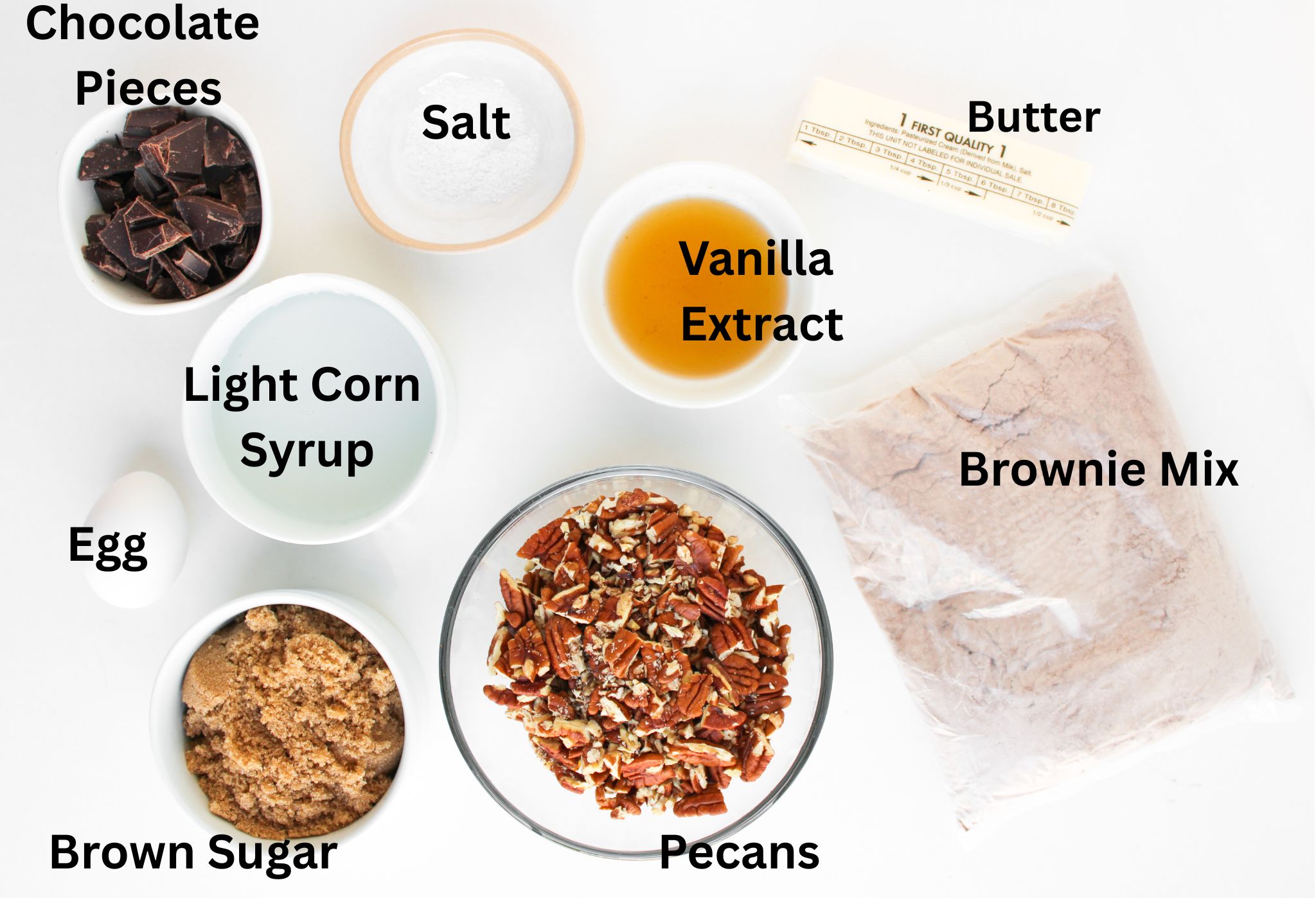 all the ingredients needed to make pecan pie brownies.