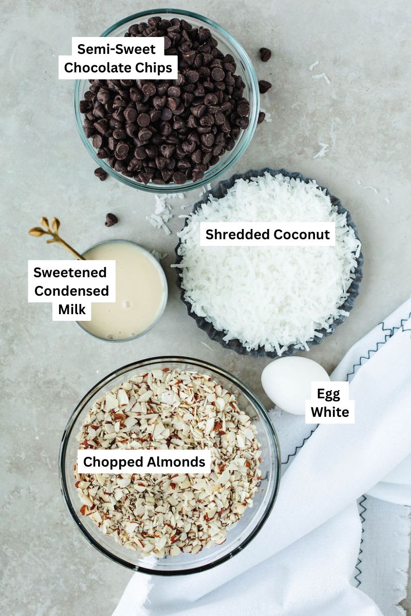all the ingredients needed to make Almond Joy Cookies.