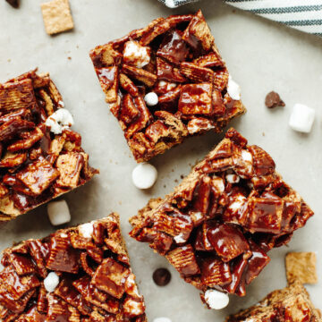 cut pieces of no bake smores bars using golden graham cereal.