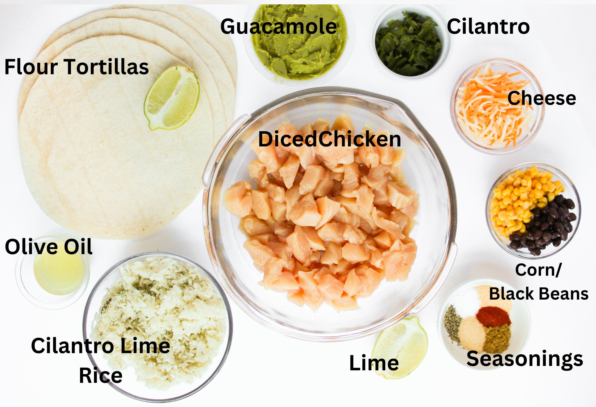 all the ingredients needed to make southwest chicken quesadillas.