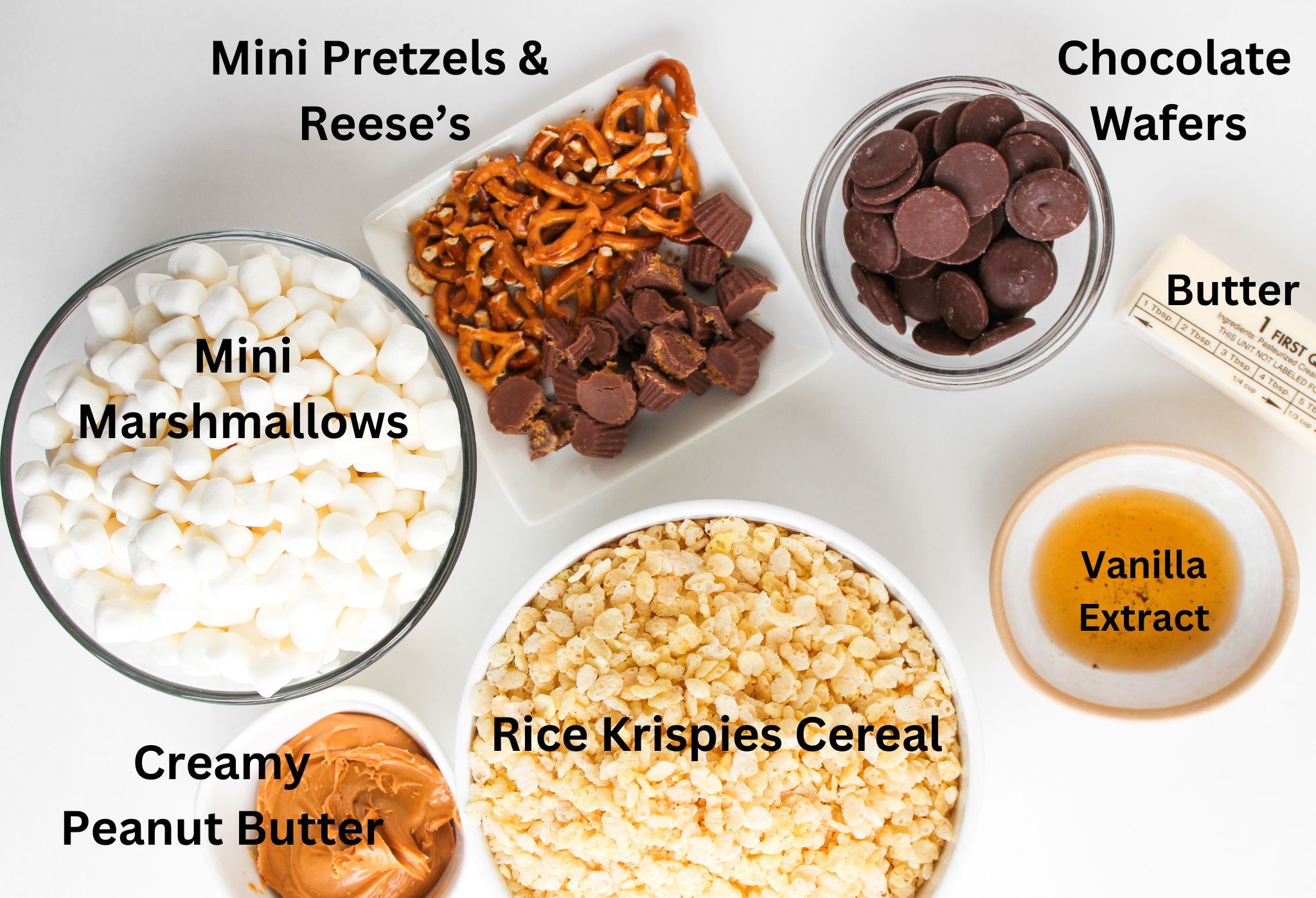 all the ingredients needed to make Chocolate Peanut Butter Rice Krispie Treats.