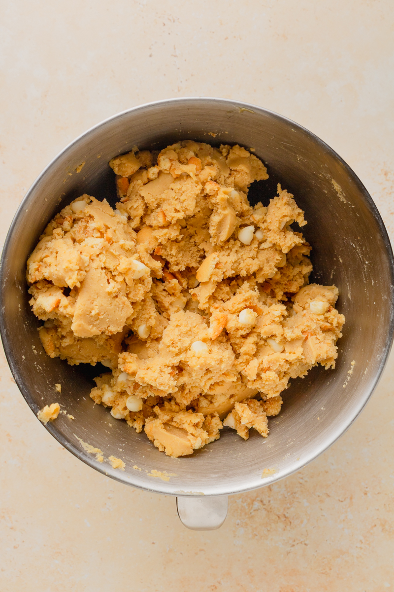 banana pudding cookie dough in a mixing bowl.