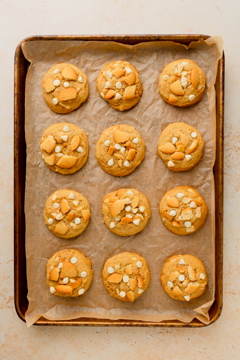 banana pudding cookies on baking sheet.