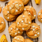 Soft banana cookies made with pudding mix on a cooling rack